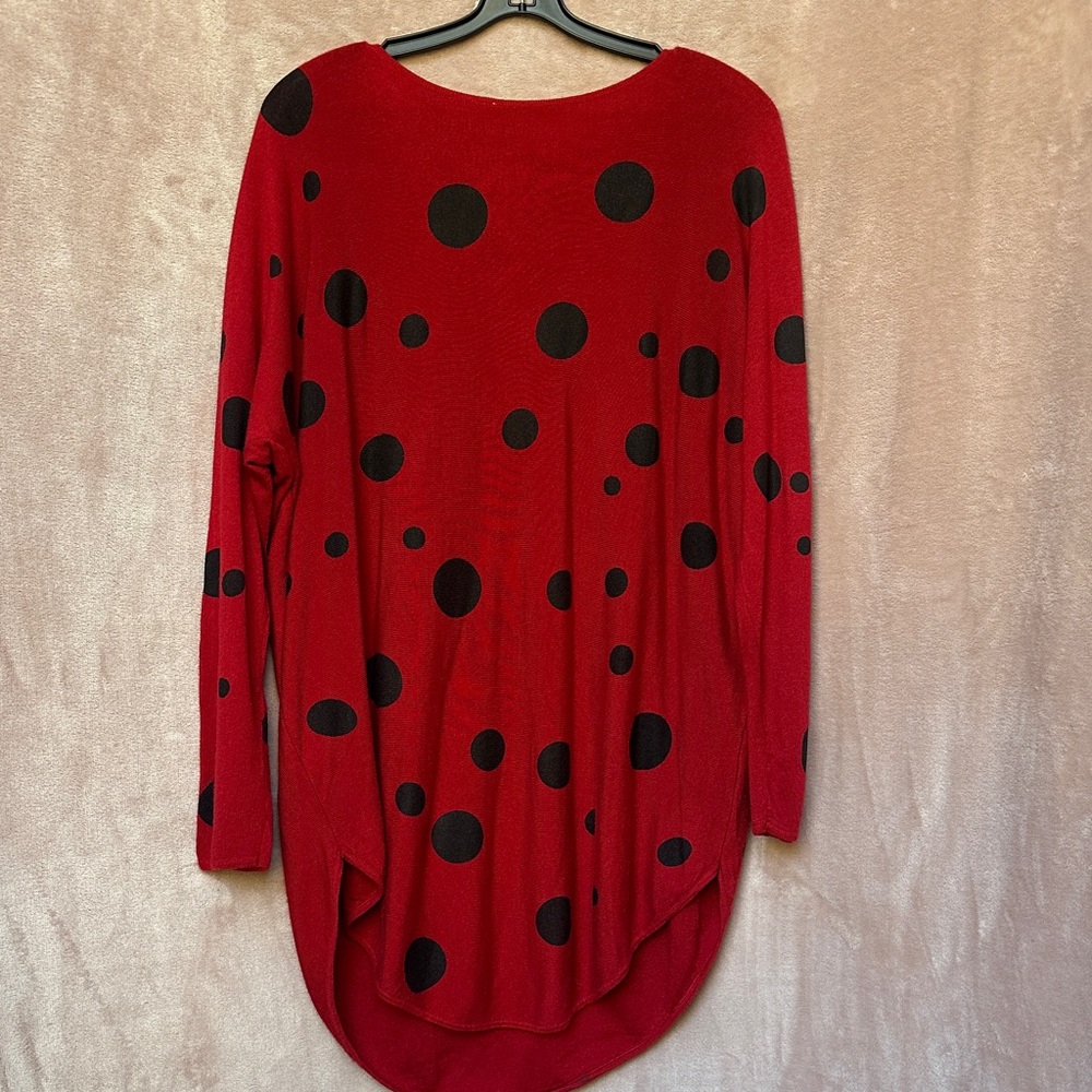 C.M.P.55 Collection Crimson Red Long Sweater with Black Sparkling Polka Dots - Picture 2 of 8